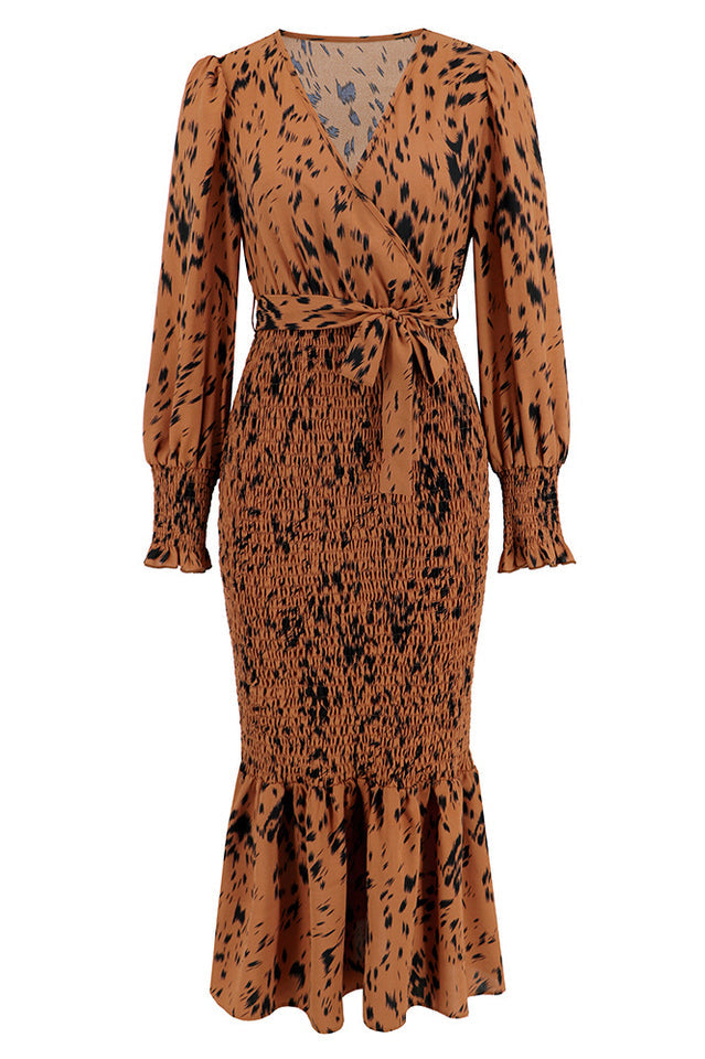 Printed V Neck Smocked Midi Dress