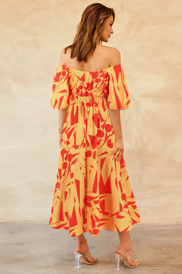Printed Off Shoulder Balloon Sleeve Dress