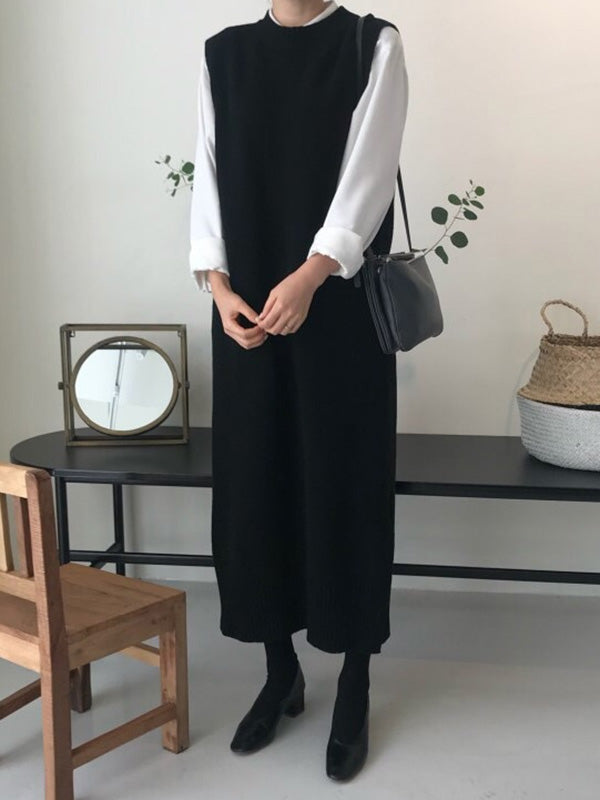 Urban Loose Sleeveless Solid Color Round-Neck Midi Dresses Sweater Dresses