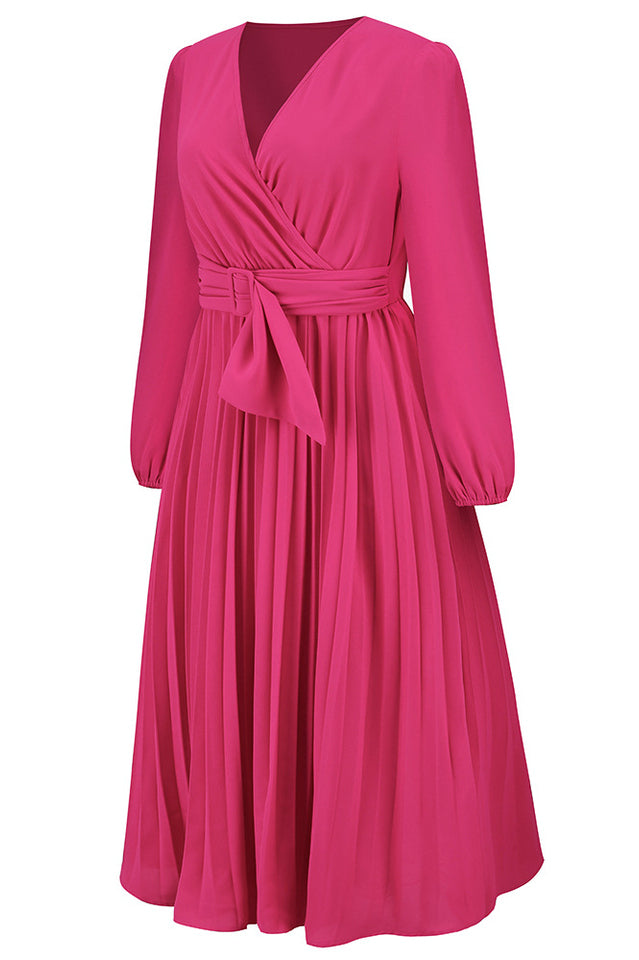 Pleated Belt V-Neck Dress