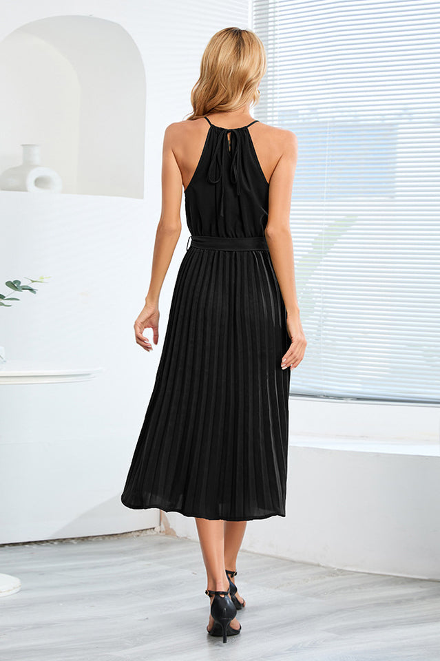 Pleated Spaghetti Strap Tie Waist Midi Dress