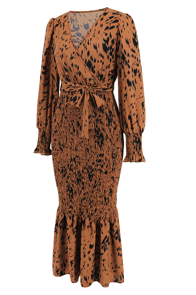 Printed V Neck Smocked Midi Dress