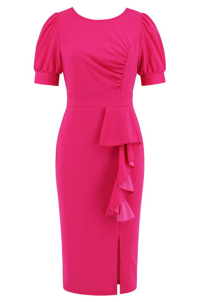 Puff Sleeve Ruffle Slit Bodycon Midi Dress