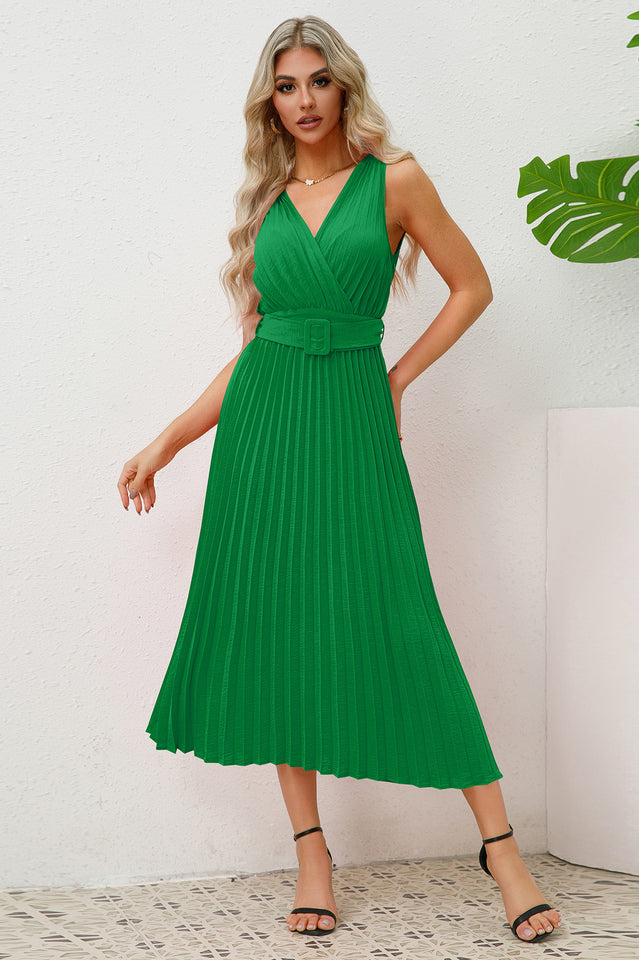 Pleated Sleeveless Dress with Belt