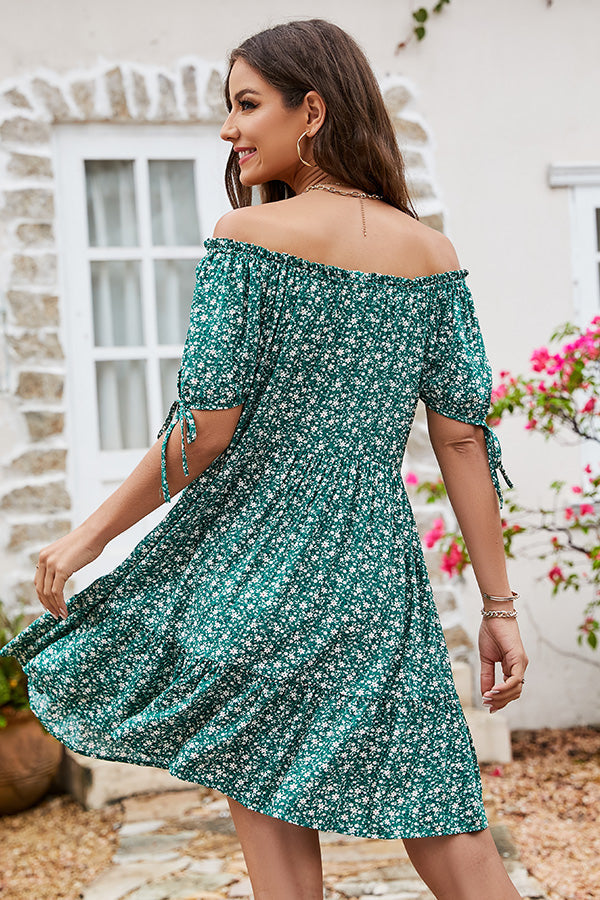 Floral Print Off Shoulder Lace Up Mini Dress