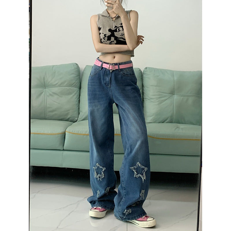 Vintage Distressed Star Patch Boyfriend Jeans
