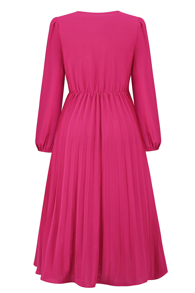 Pleated Belt V-Neck Dress