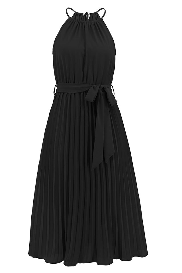 Pleated Spaghetti Strap Tie Waist Midi Dress