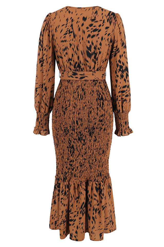 Printed V Neck Smocked Midi Dress