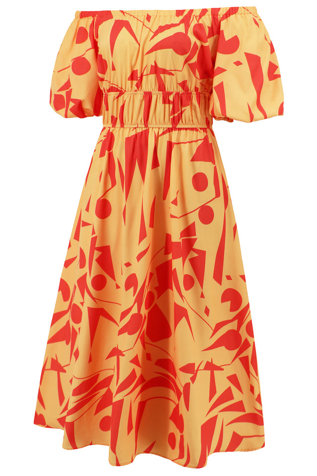 Printed Off Shoulder Balloon Sleeve Dress