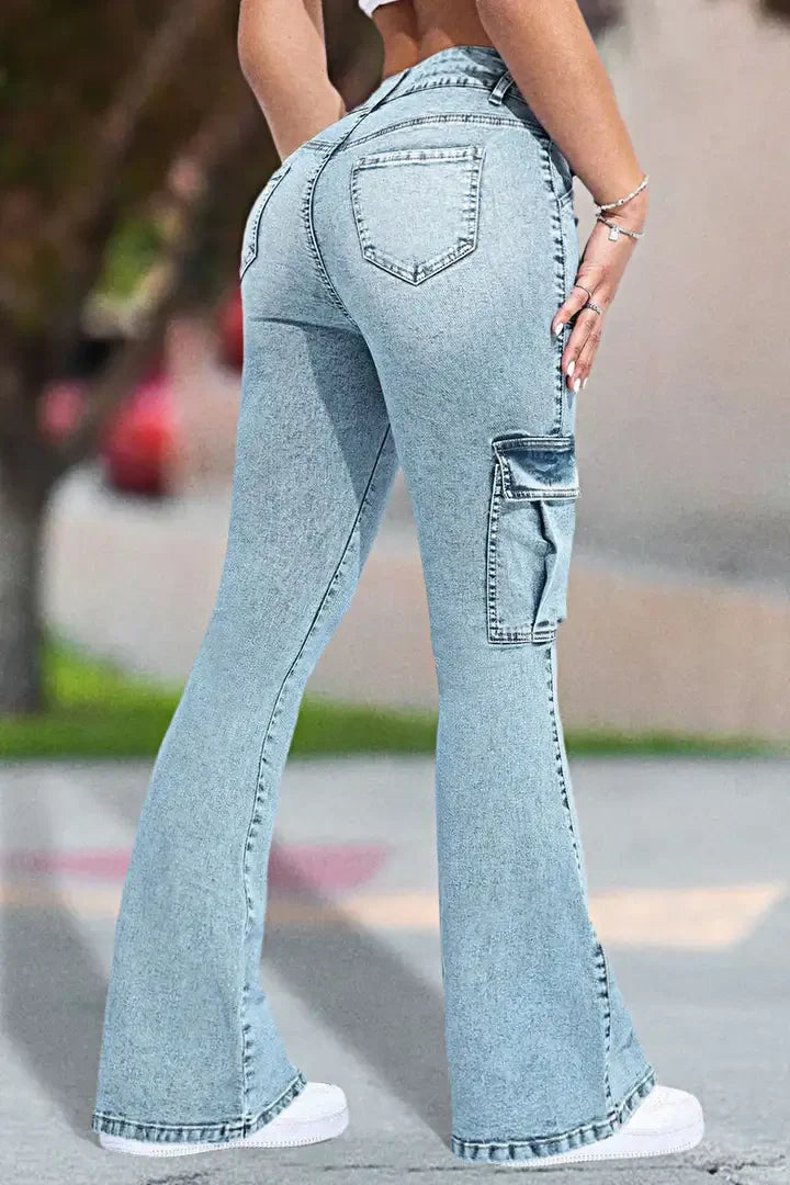 Multi Pocket Double Button Mid Rise Flare Cargo Jeans