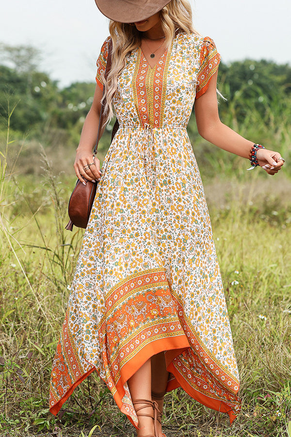 V Neck Floral Print Ruffle Hem Casual Dress