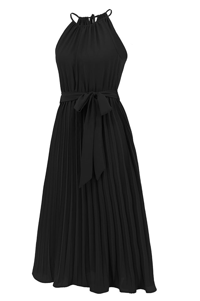 Pleated Spaghetti Strap Tie Waist Midi Dress