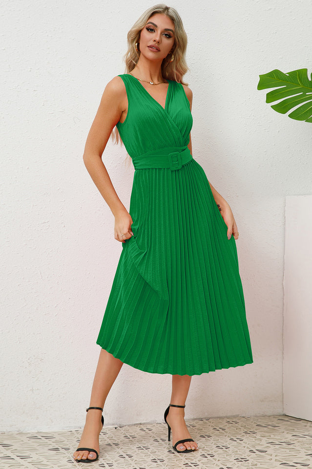 Pleated Sleeveless Dress with Belt