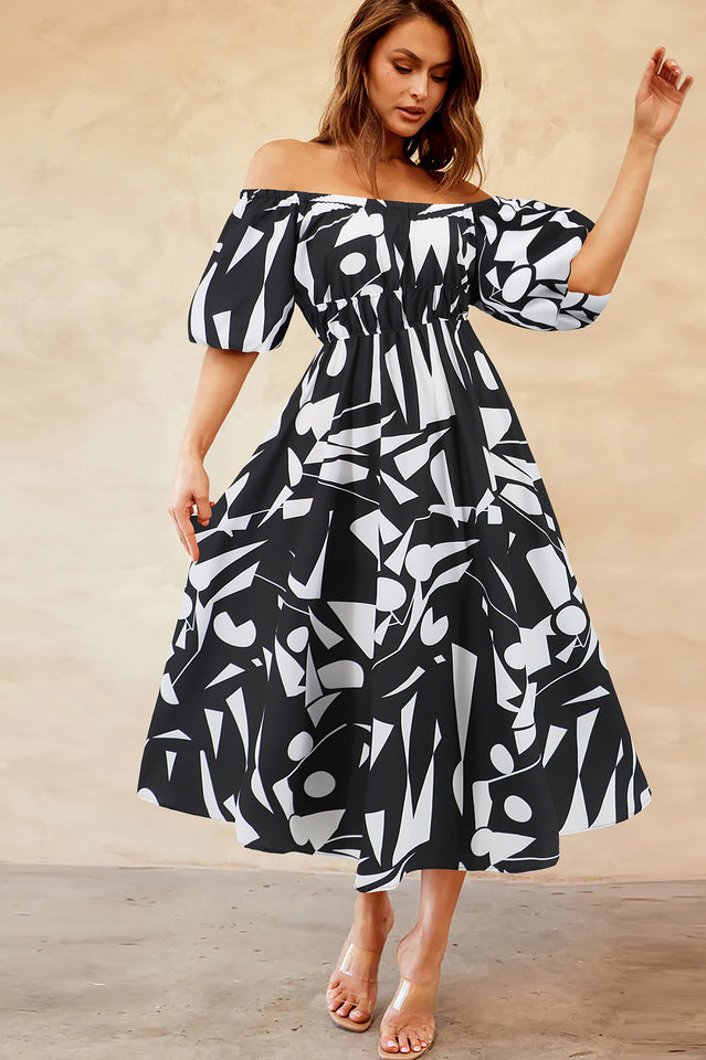 Printed Off Shoulder Balloon Sleeve Dress