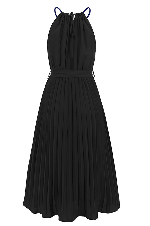 Pleated Spaghetti Strap Tie Waist Midi Dress