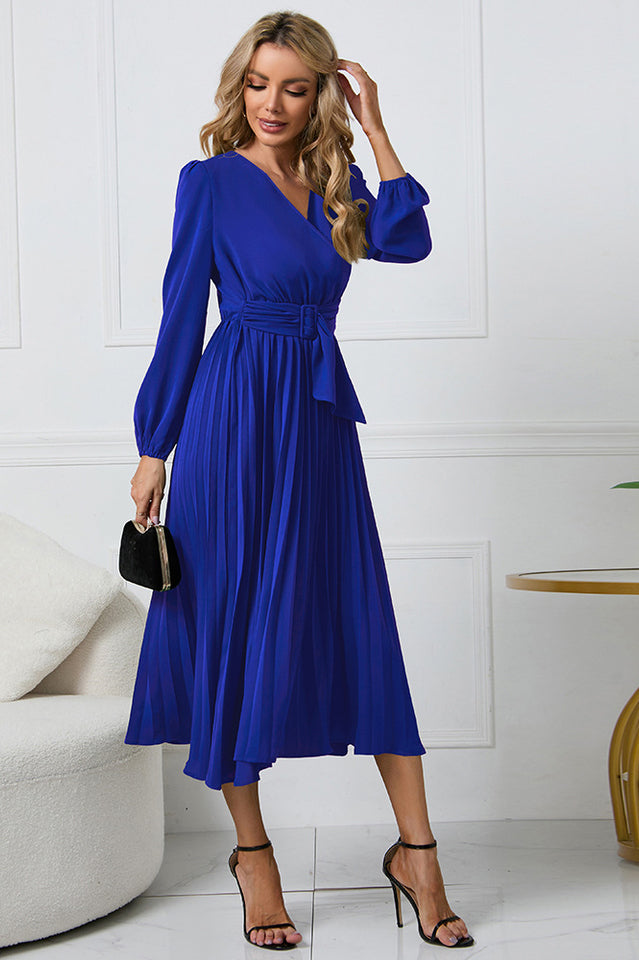 Pleated Belt V-Neck Dress