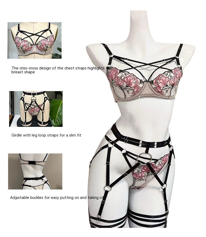 Seductive Pink Lace Lingerie Set with Strappy Details - StylinArts