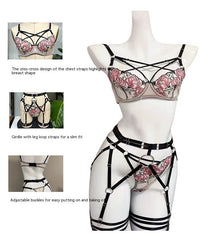 Seductive Pink Lace Lingerie Set with Strappy Details - StylinArts