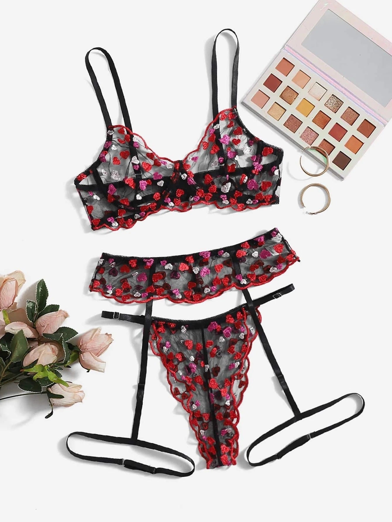 Romantic Heart Embroidery Lingerie Set - StylinArts