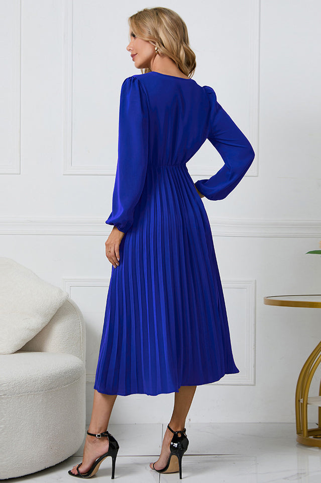 Pleated Belt V-Neck Dress