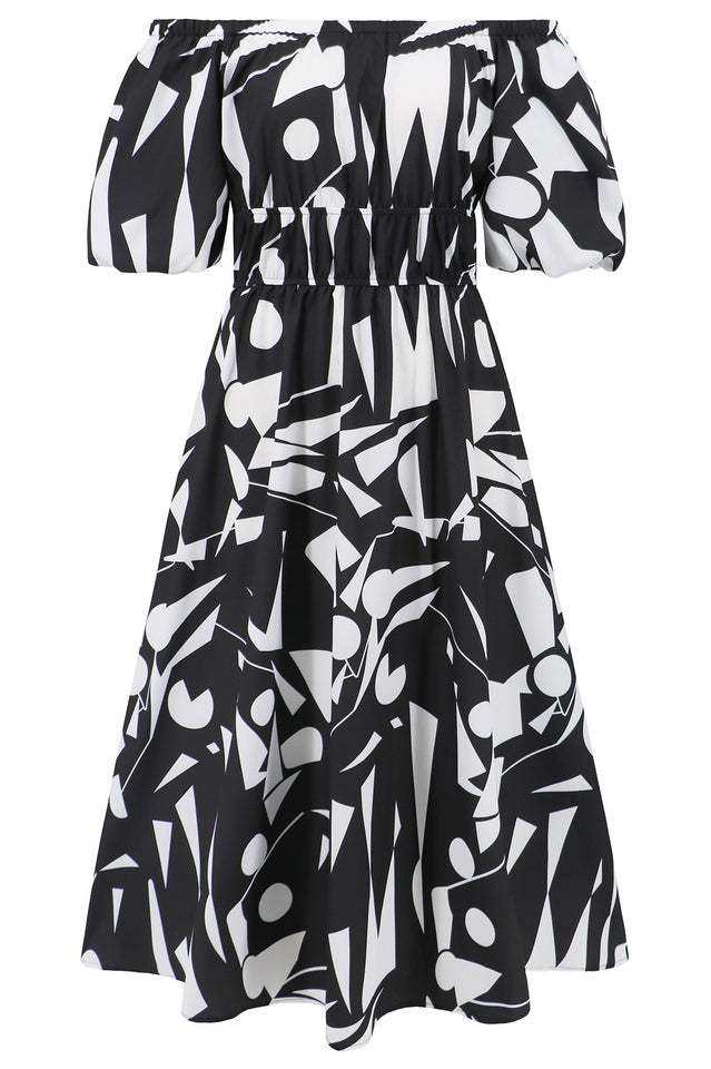 Printed Off Shoulder Balloon Sleeve Dress
