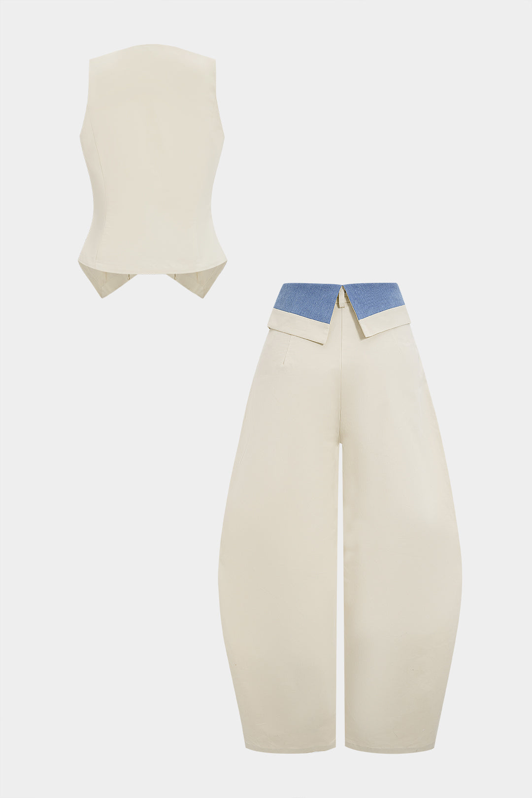 Denim Button Vest And Contrast Drawstring Barrel Trousers Set