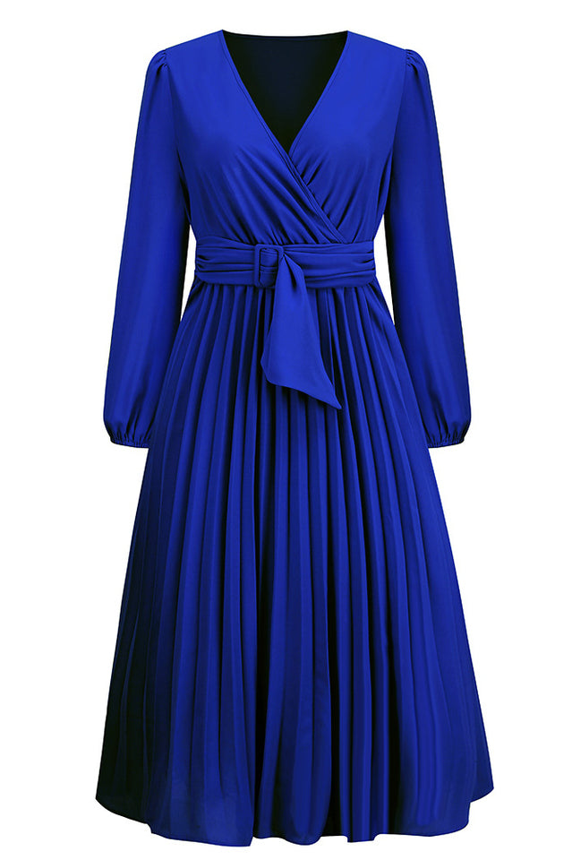 Pleated Belt V-Neck Dress