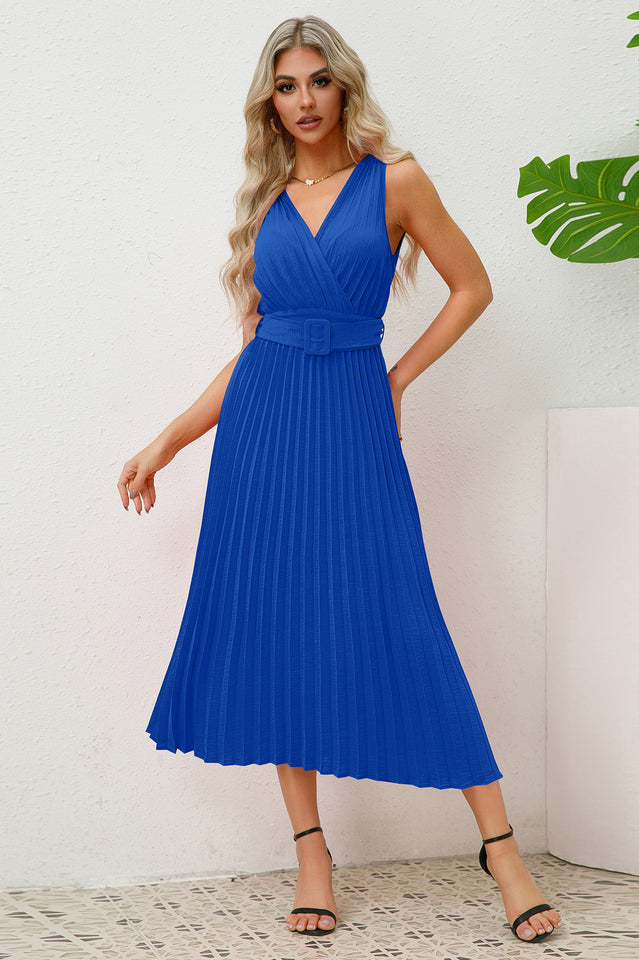 Pleated Sleeveless Dress with Belt