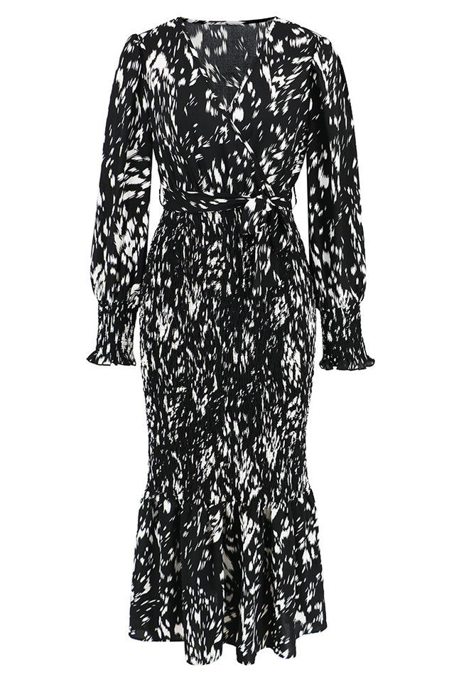 Printed V Neck Smocked Midi Dress