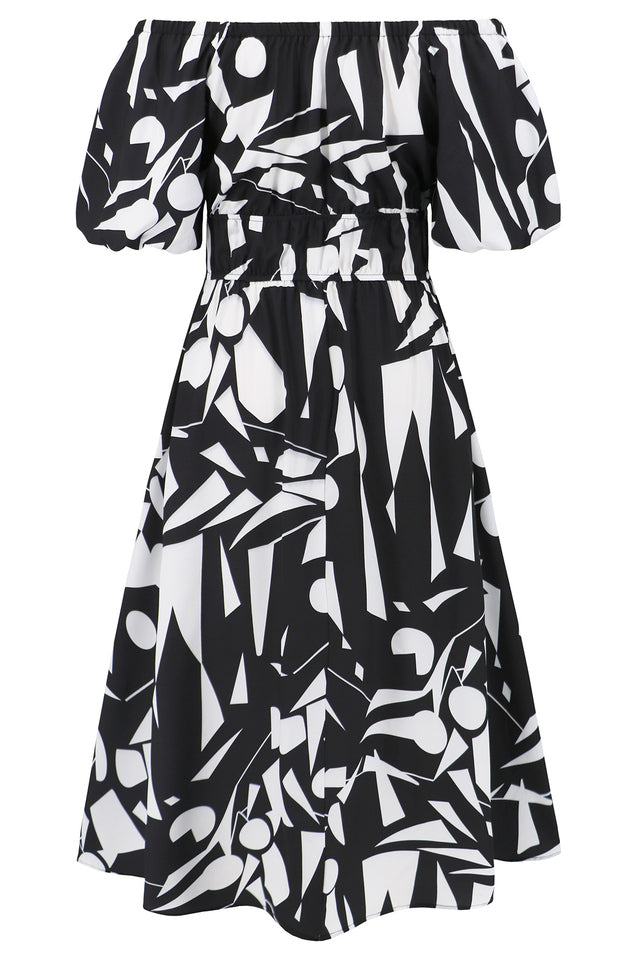 Printed Off Shoulder Balloon Sleeve Dress