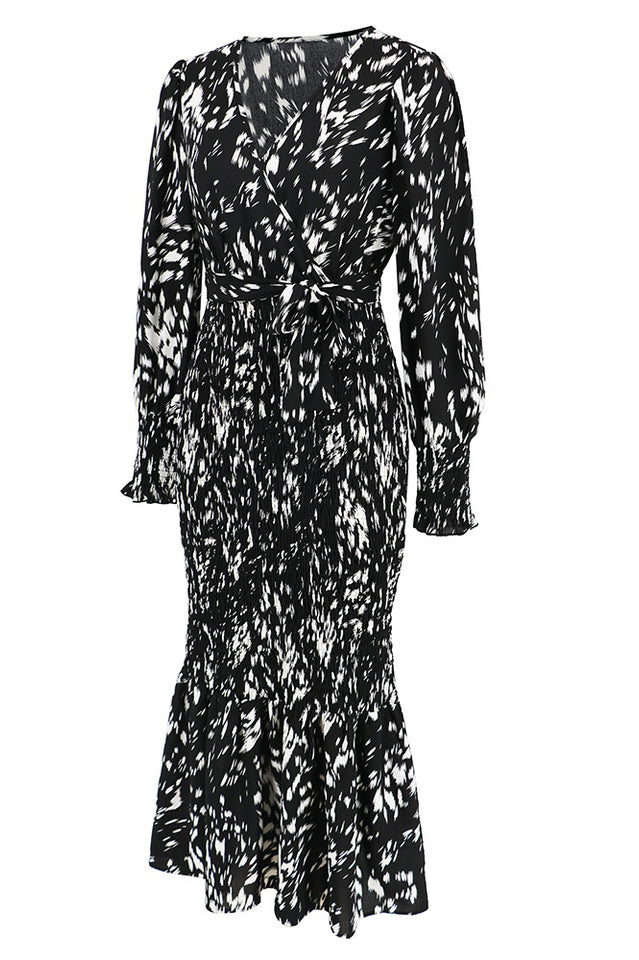 Printed V Neck Smocked Midi Dress