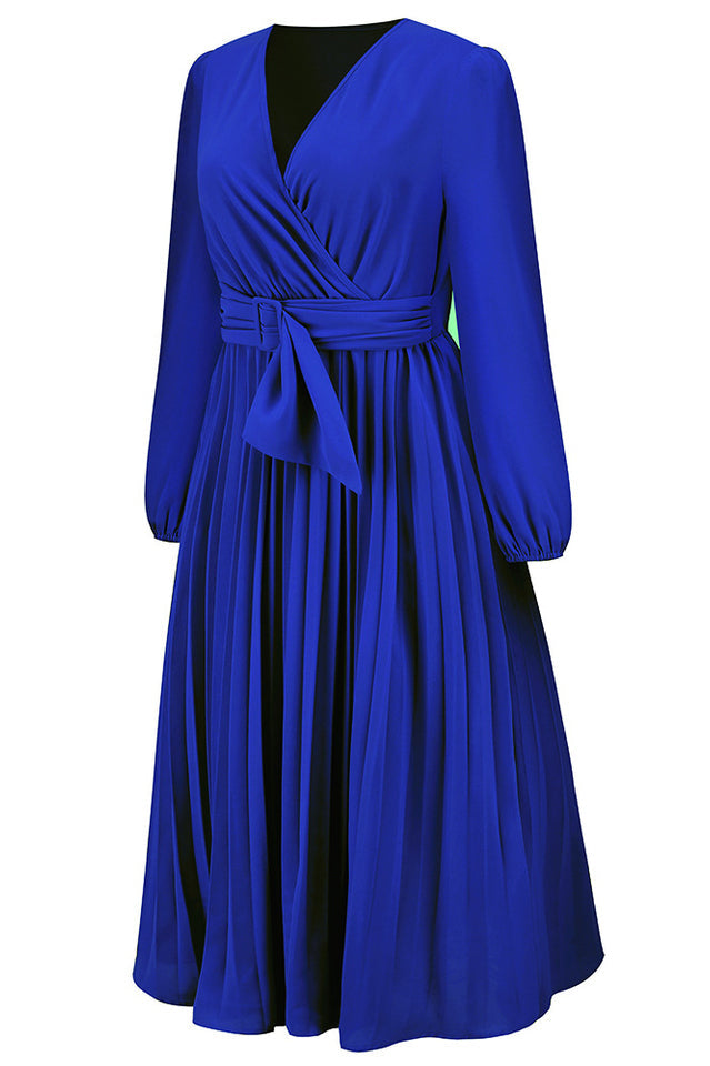 Pleated Belt V-Neck Dress