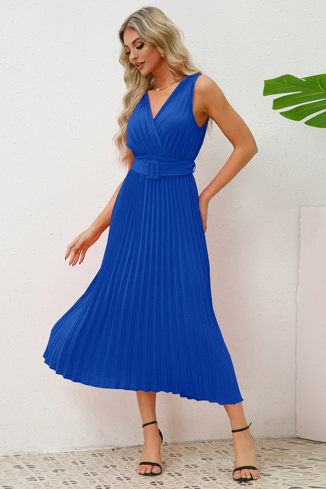 Pleated Sleeveless Dress with Belt