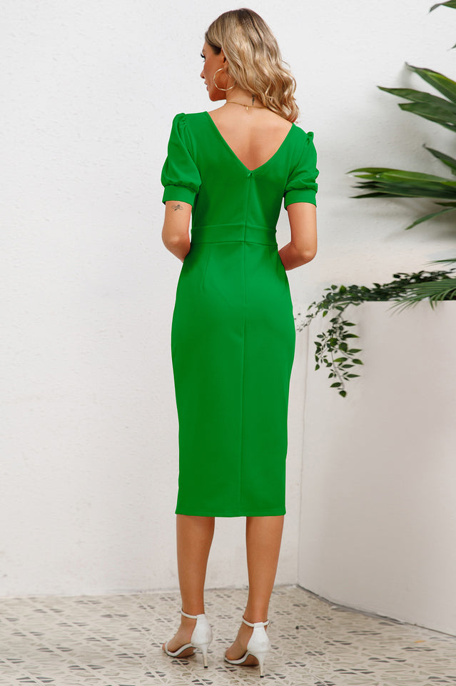 Puff Sleeve Ruffle Slit Bodycon Midi Dress