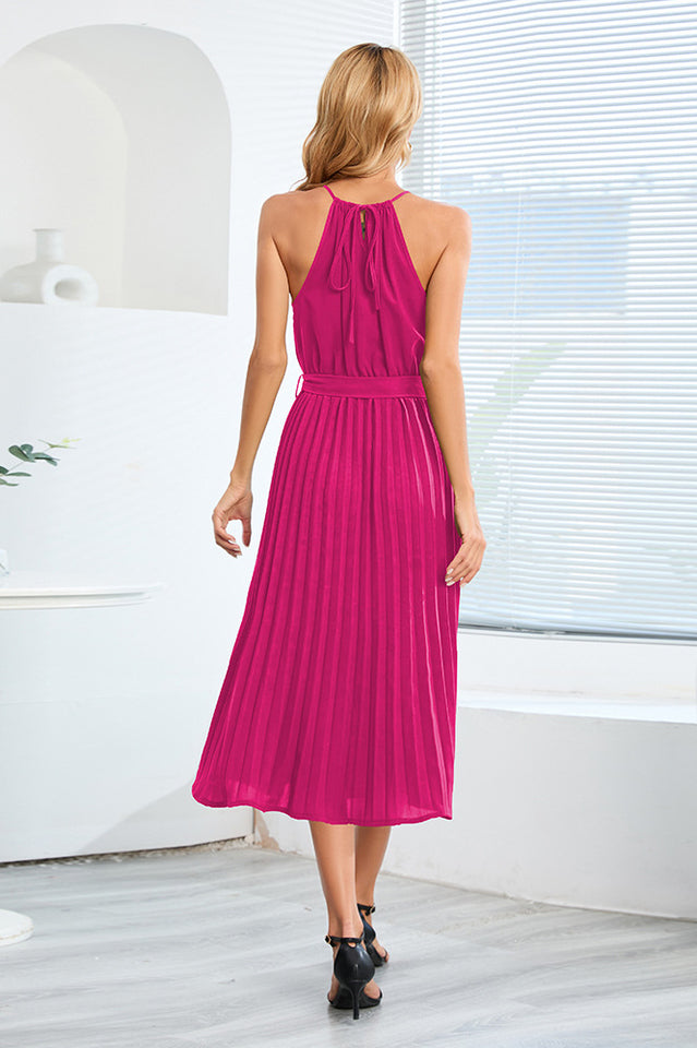 Pleated Spaghetti Strap Tie Waist Midi Dress