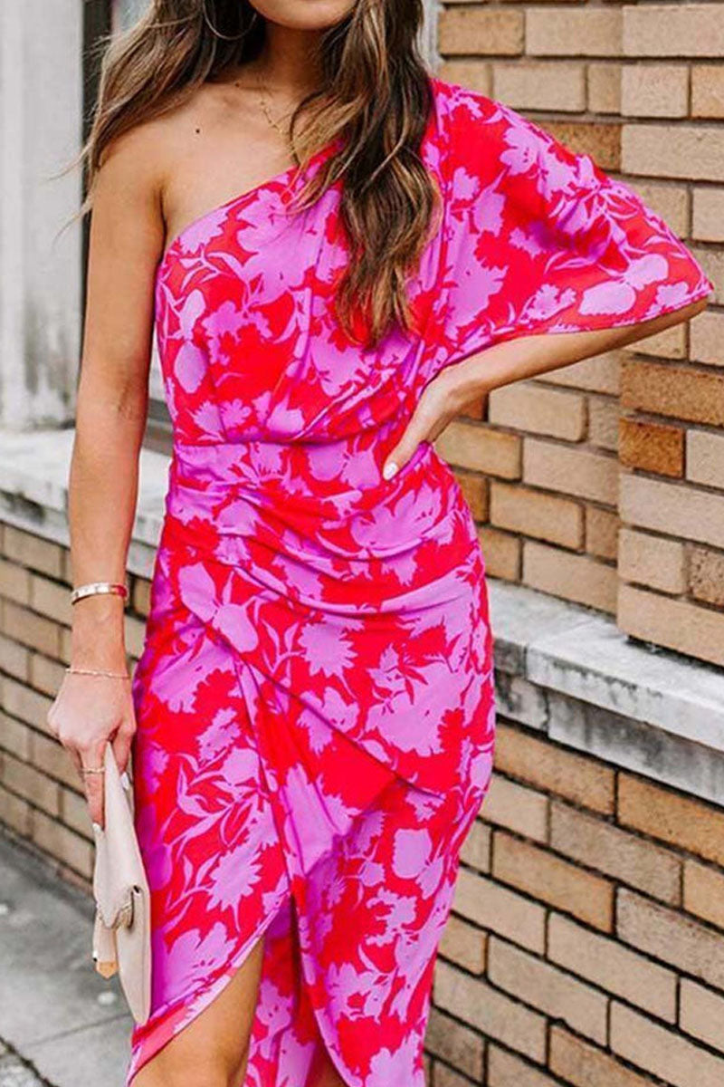 Oblique Shoulder Open Back Print Midi Dress