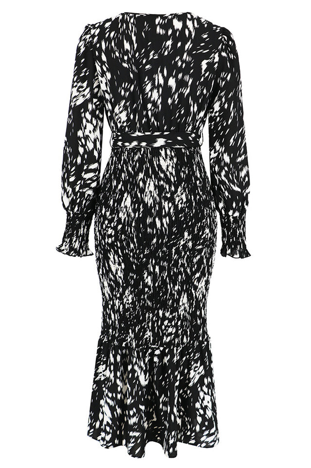 Printed V Neck Smocked Midi Dress