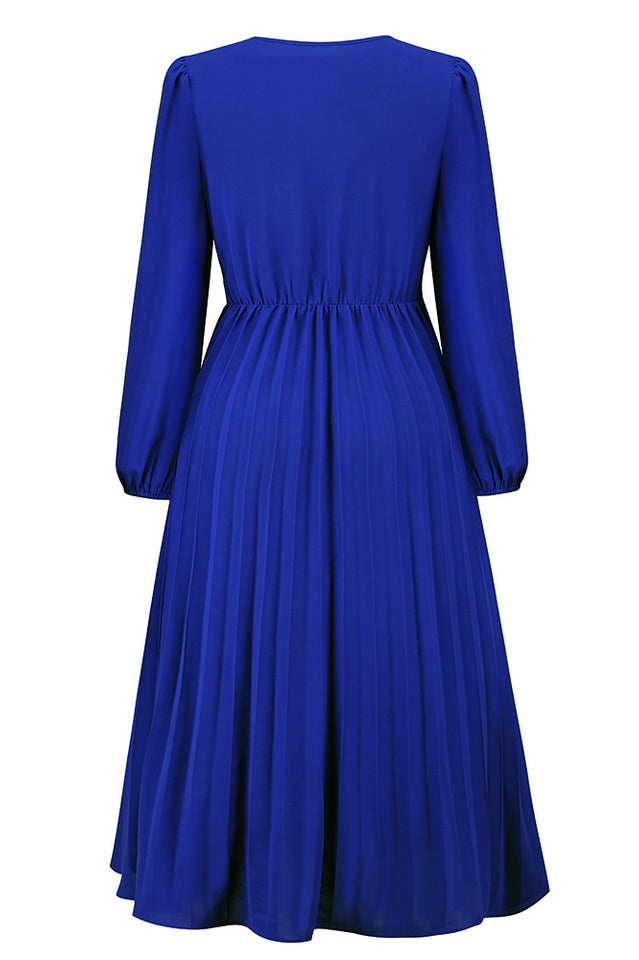 Pleated Belt V-Neck Dress