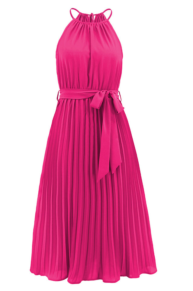 Pleated Spaghetti Strap Tie Waist Midi Dress
