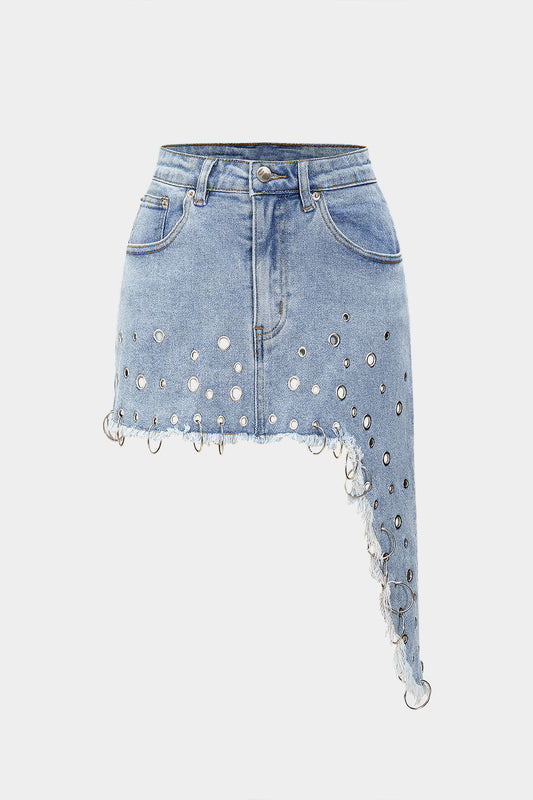 Denim Metallic Ring Cut Out Skirt
