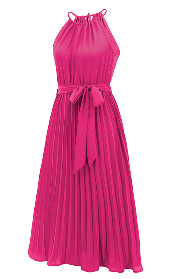Pleated Spaghetti Strap Tie Waist Midi Dress