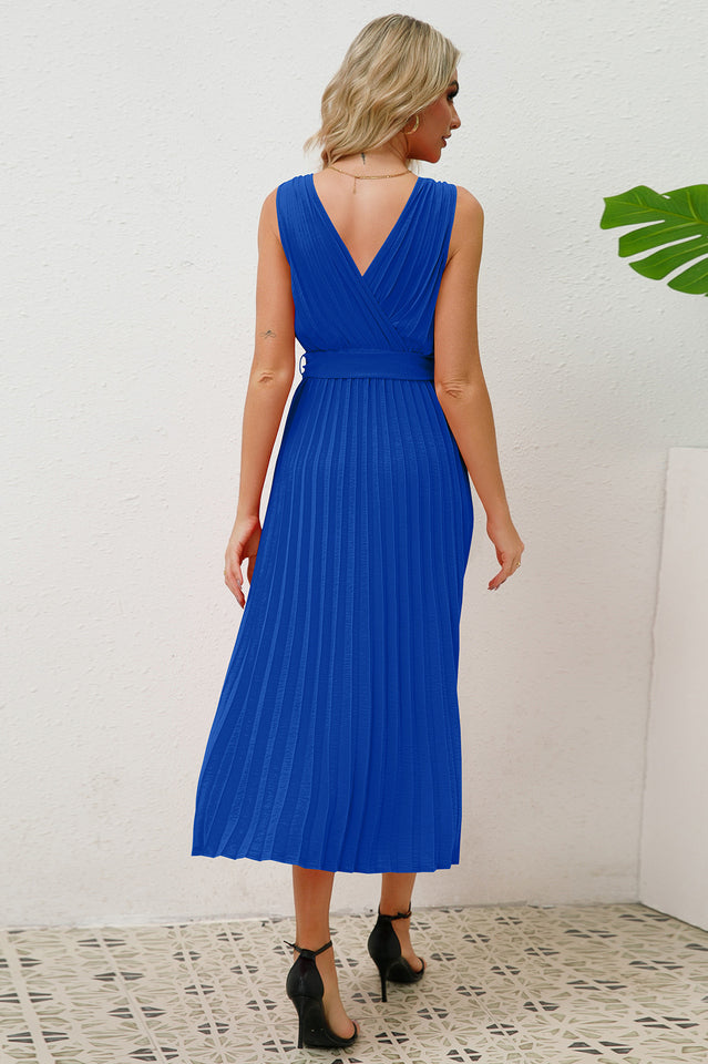 Pleated Sleeveless Dress with Belt