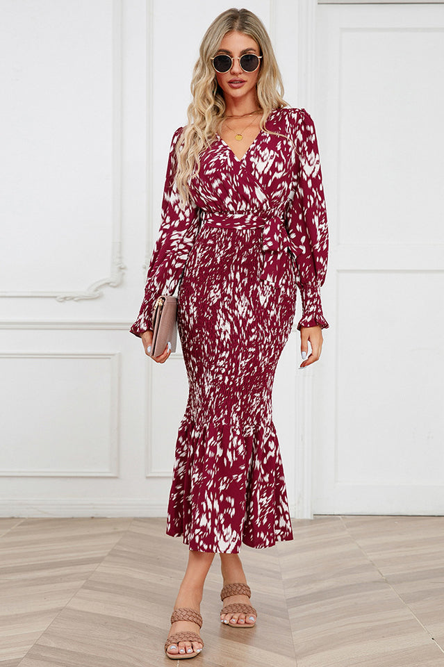 Printed V Neck Smocked Midi Dress