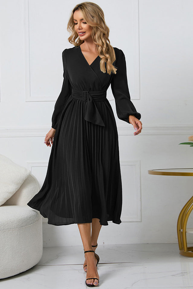 Pleated Belt V-Neck Dress