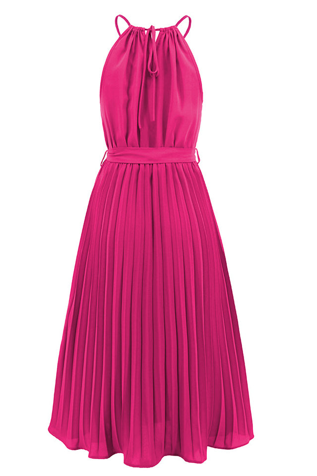Pleated Spaghetti Strap Tie Waist Midi Dress