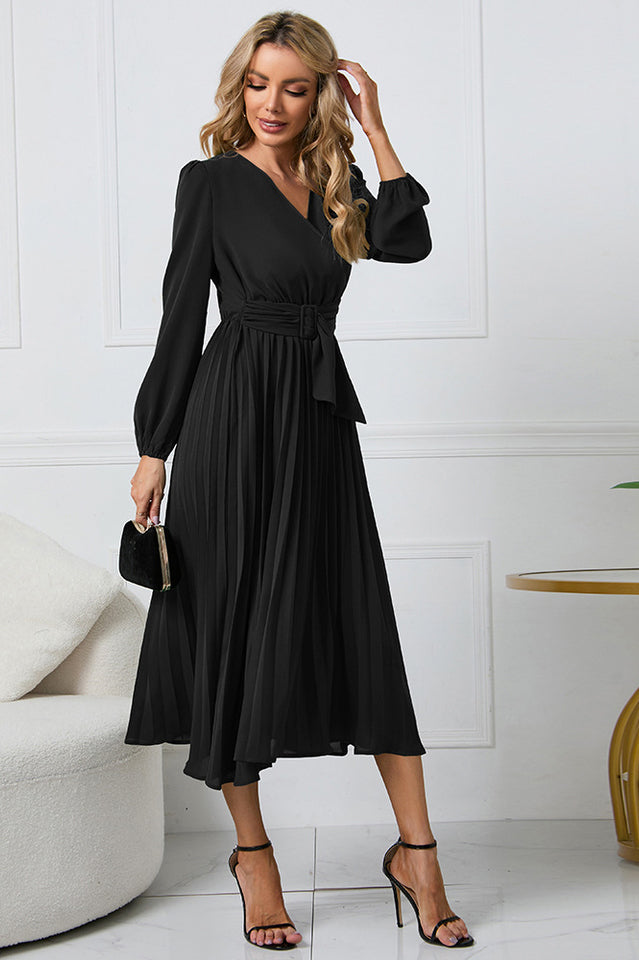 Pleated Belt V-Neck Dress