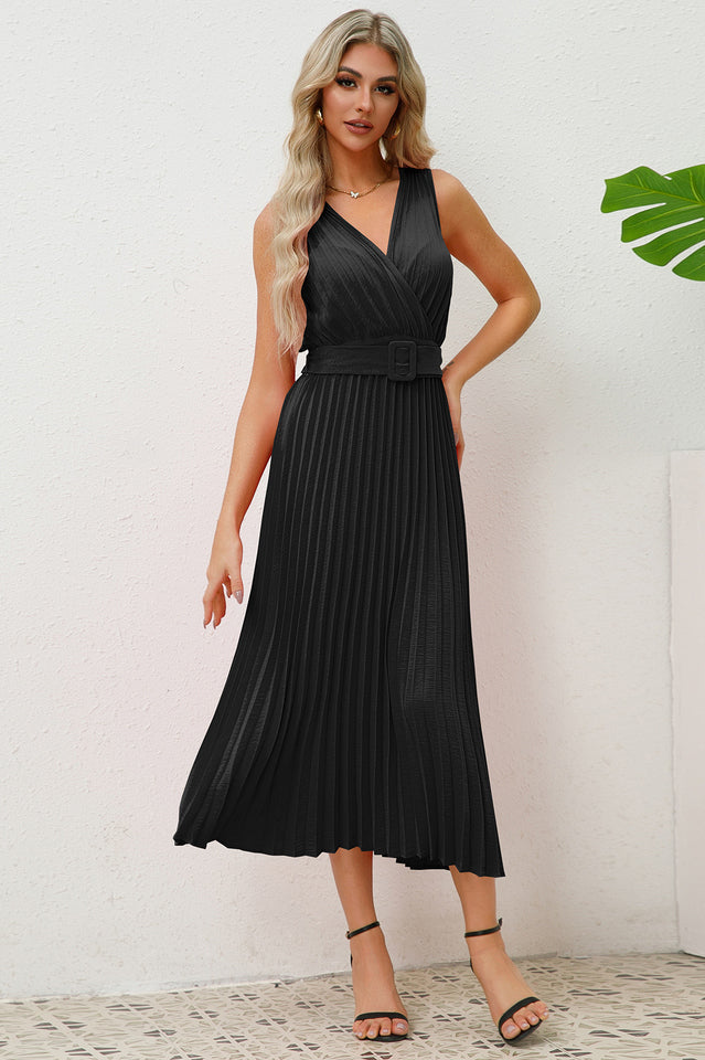 Pleated Sleeveless Dress with Belt