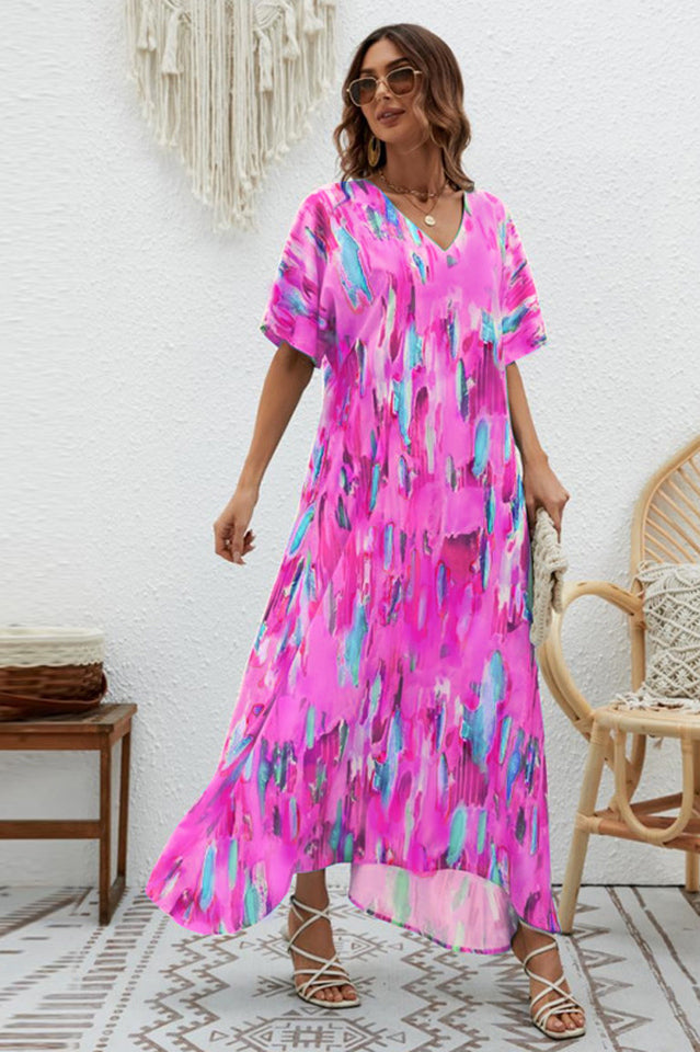 Print Short Sleeve Wide Hem Maxi Dress