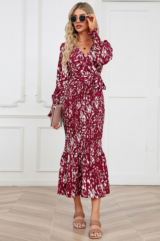 Printed V Neck Smocked Midi Dress